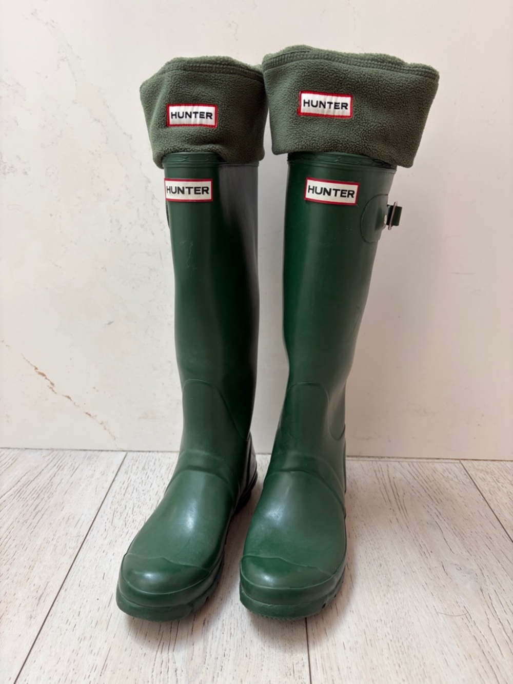 Hunter Dark Green Tall Rain Boots with Fleece Cuffs